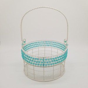 White Turquoise Beaded Wire Mesh Metal Basket Easter Spring Gift Home Decor